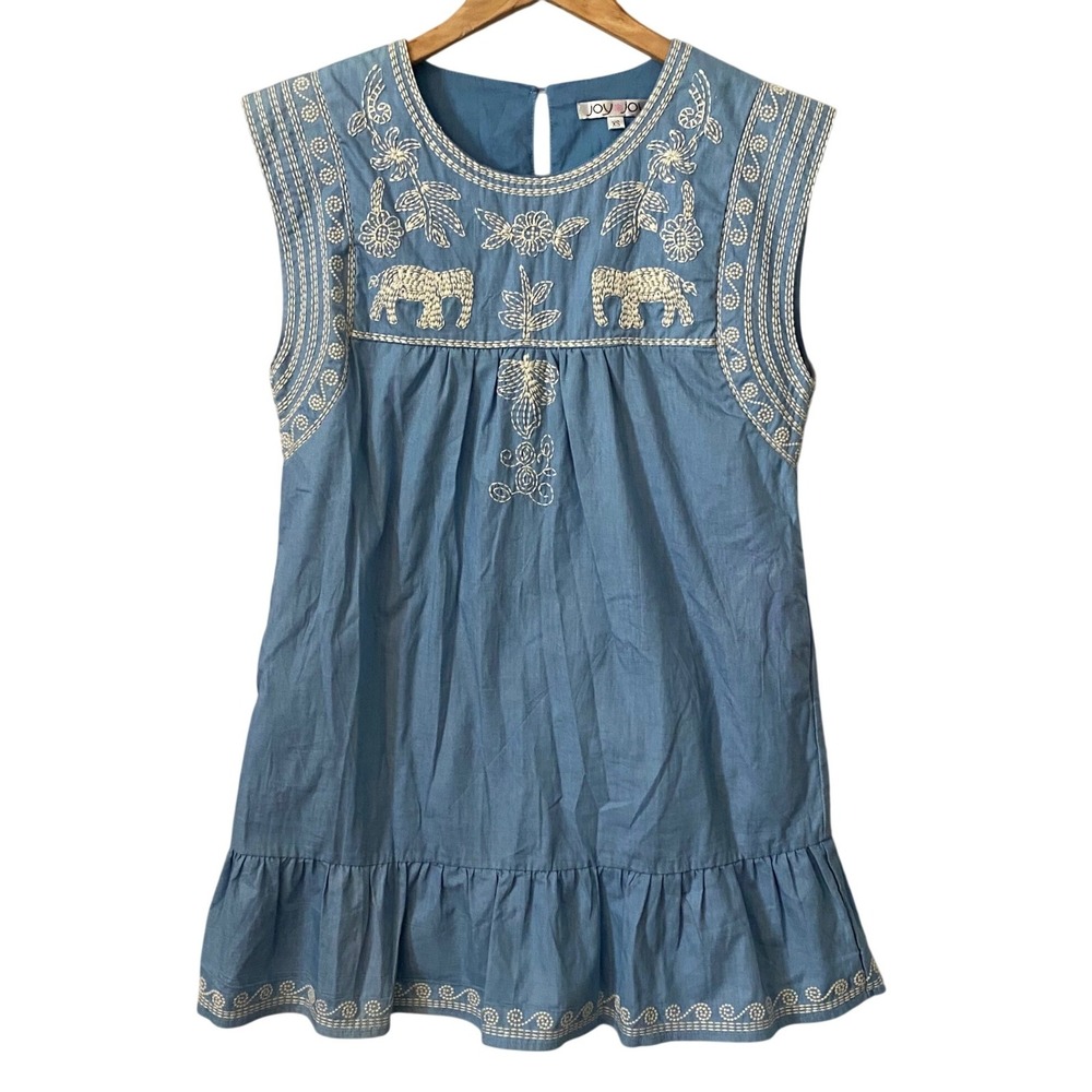 Joy Joy Blue Chambray Embroidered Elephant Boho Ruffle Hem Mini Dress XS